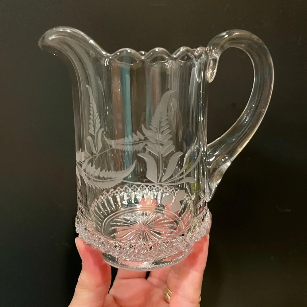Vintage EAPG DAKOTA 5” Creamer Pitcher with Etched Fern Leaf & Starburst Bottom